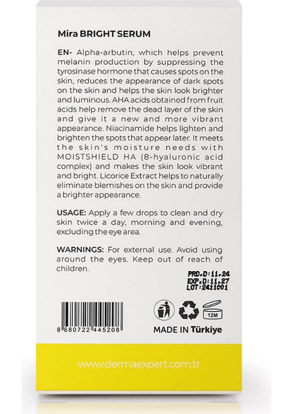 Bright - Aydınlatıcı & Serum Glutatyon, Hyaluronik Asit, Kojik Asit 30 ml