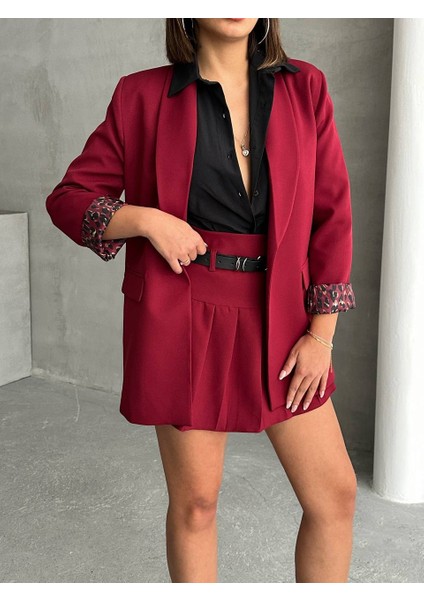 Yeni Sezon Kadın Blazer Ceket İçi Leopar Astar Detaylı Düğmesiz Uzun