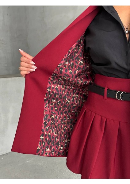 Yeni Sezon Kadın Blazer Ceket İçi Leopar Astar Detaylı Düğmesiz Uzun modelleri