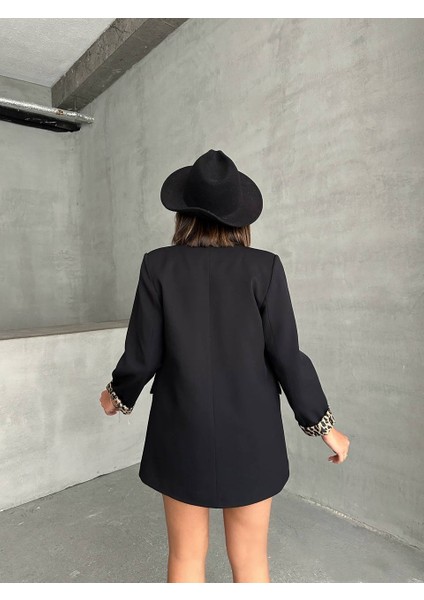 Yeni Sezon Kadın Blazer Ceket İçi Leopar Astar Detaylı Düğmesiz Uzun modelleri