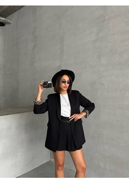 Yeni Sezon Kadın Blazer Ceket İçi Leopar Astar Detaylı Düğmesiz Uzun indirimleri