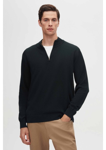 Ds Damat Slim Fit Haki Yarım Fermuarlı Triko Kazak