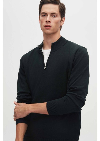 Ds Damat Slim Fit Haki Yarım Fermuarlı Triko Kazak modelleri