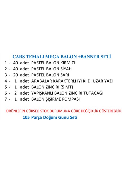 Arabalar Temalı Mega Balon +Banner Seti modelleri