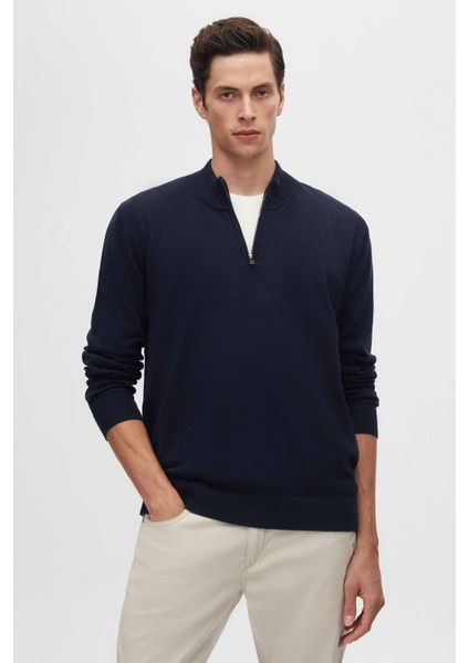 Ds Damat Slim Fit Lacivert Yarım Fermuarlı Triko Kazak