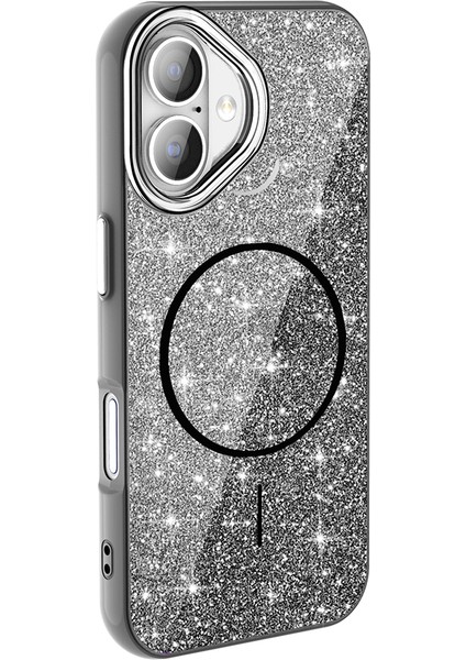 Apple iPhone 16 Plus Kılıf Magsafe Şarj Özellikli Parlayan Simli Okso Kapak - Siyah