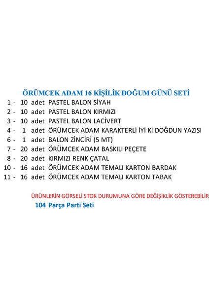 Spider Man 16 Kişilik Doğum Günü Seti