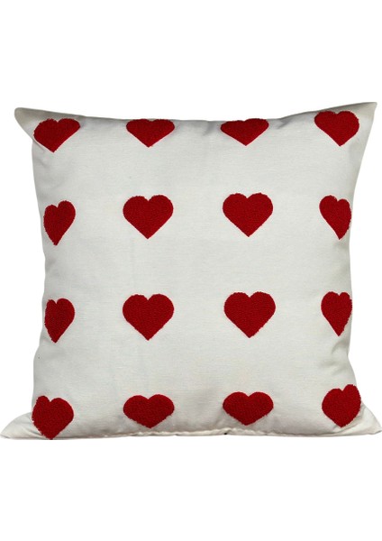 El Yapımı Kırmızı Kalpli Punch Işlemeli Beyaz Yastık Kırlent Kılıfı ( 42 x 42 cm )