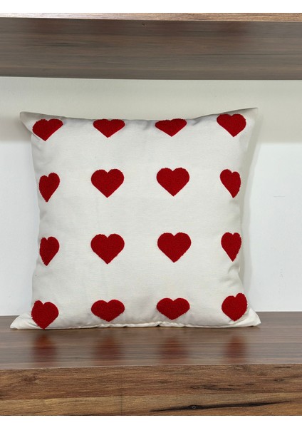 El Yapımı Kırmızı Kalpli Punch Işlemeli Beyaz Yastık Kırlent Kılıfı ( 42 x 42 cm ) fiyatları