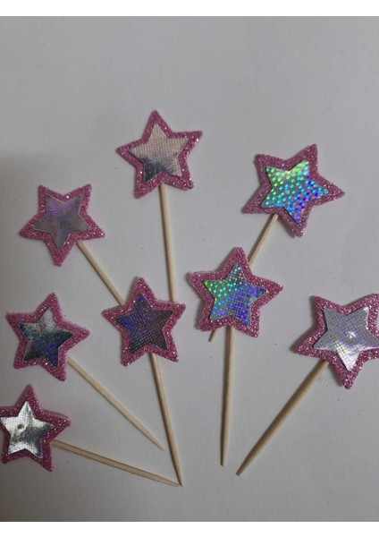 Pembe&ggümüş Yıldızlı Renkli Pasta Süsü Kürdan, Kupkek 15 Li