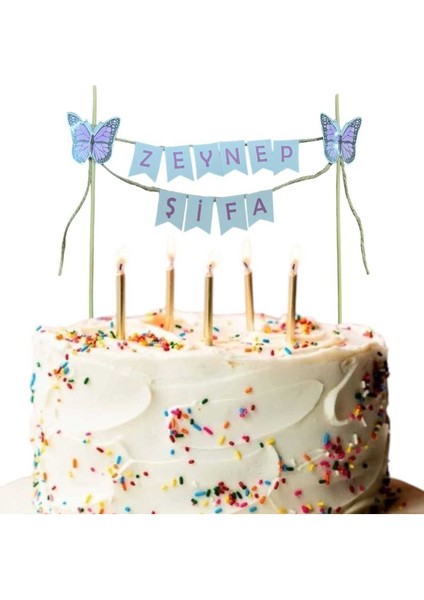Mor Kelebekli Konseptli Iki Isimli Doğum Günü Isimli Pasta Süsü Fleması