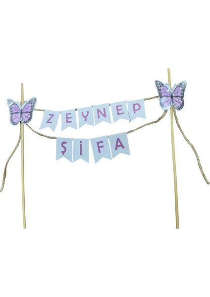 Mor Kelebekli Konseptli Iki Isimli Doğum Günü Isimli Pasta Süsü Fleması fiyatları