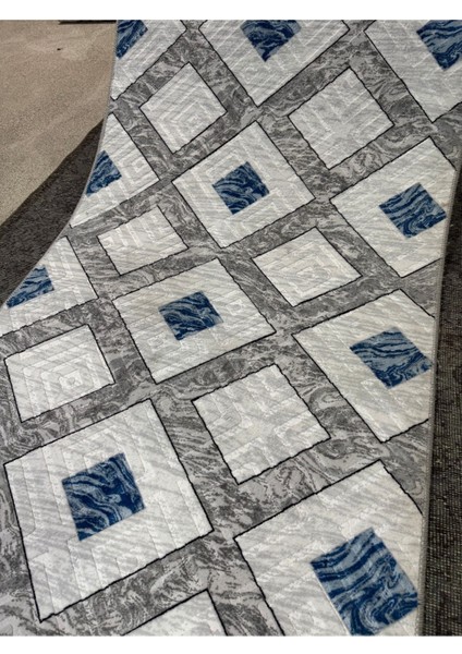 Kabartmalı Halı Dokusunda Jel Kaymaz Taban Yıkanabilir Kesme Yolluk Üst Kalite Mavi Beyaz Desen