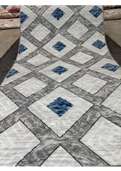 Kabartmalı Halı Dokusunda Jel Kaymaz Taban Yıkanabilir Kesme Yolluk Üst Kalite Mavi Beyaz Desen modelleri