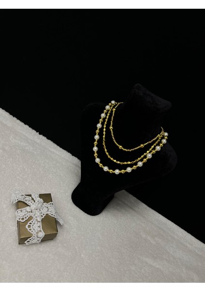 Luxury Tasarım Özel Davet Gece Gold -Beyaz-Kare Boncuk Sıralı 3 Lü Kadın Inci Gerdanlık