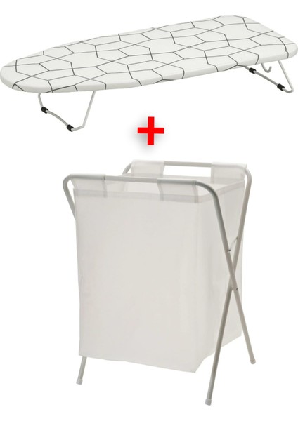 Mini Ayaklı Ütü Masası Uzunluk 73 cm + Katlanır Ayaklı Çamaşır Sepeti 50 Litre Seti Set Beyaz Renk
