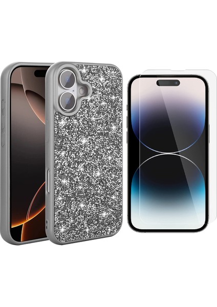 Apple iPhone 16 Kılıf Parlak Taşlı Tasarım Zore Pırlanta Kapak + Nano Ekran Koruyucu