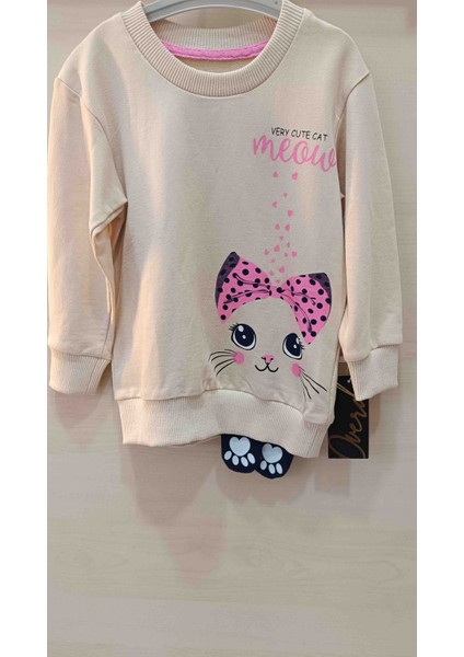 Kız Çocuk Kedi Baskılı Bej Rengi Sweatshirt