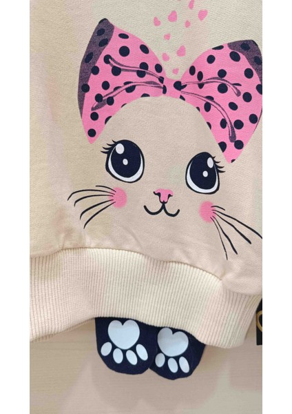 Kız Çocuk Kedi Baskılı Bej Rengi Sweatshirt modelleri