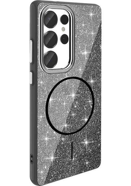 Galaxy S25 Ultra Kılıf Magsafe Şarj Özellikli Parlayan Simli Okso Kapak - Siyah