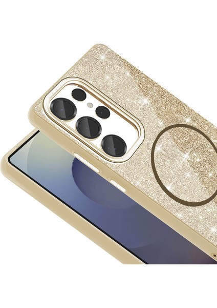Galaxy S25 Ultra Kılıf Magsafe Şarj Özellikli Parlayan Simli Okso Kapak - Siyah