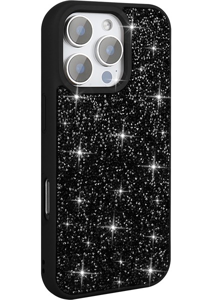 Apple iPhone 16 Pro Kılıf Parlak Taşlı Tasarım Pırlanta Kapak - Siyah