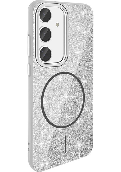 Galaxy S24 Fe Kılıf Magsafe Şarj Özellikli Parlayan Simli Zore Okso Kapak - Beyaz