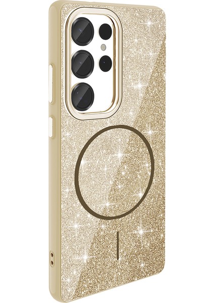 Galaxy S25 Ultra Kılıf Magsafe Şarj Özellikli Parlayan Simli Zore Okso Kapak - Gold