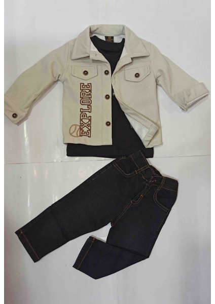 Süet Ceketli Tişört Lü Kot Pantolon Lü 3 Lü Şık Erkek Çocuk Takımı