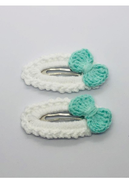 Mint Yeşili Fiyonk Motifli 2'li Örgü Çıtçıtlı Saç Tokası (5cm)
