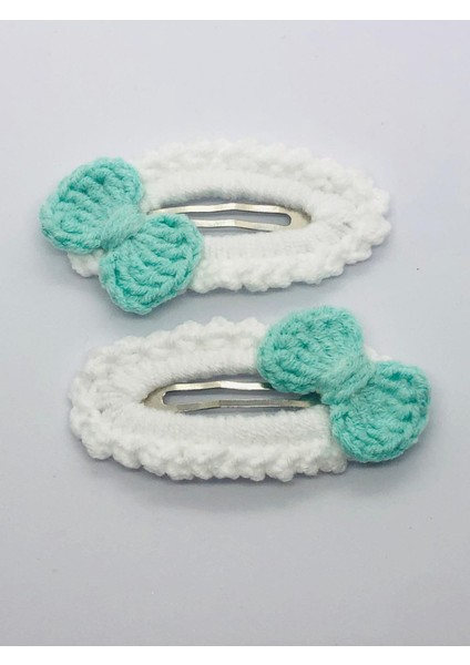 Mint Yeşili Fiyonk Motifli 2'li Örgü Çıtçıtlı Saç Tokası (5cm) modelleri