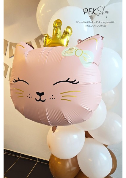 Gold Taçlı Pembe Kedi Folyo Balon