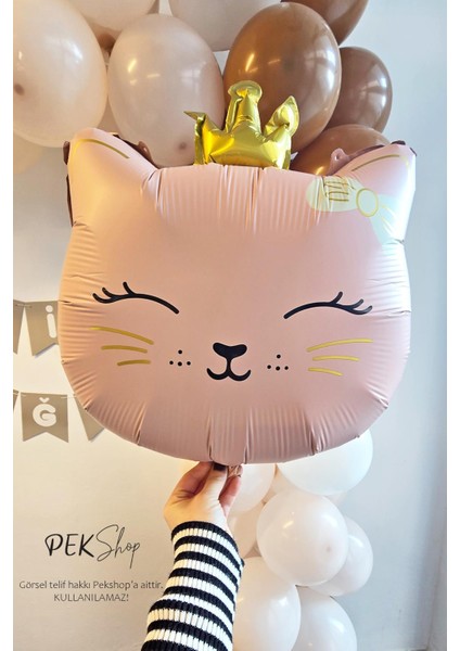 Gold Taçlı Pembe Kedi Folyo Balon