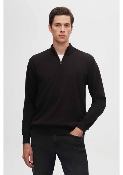 Ds Damat Slim Fit Siyah Yarım Fermuarlı Triko Kazak