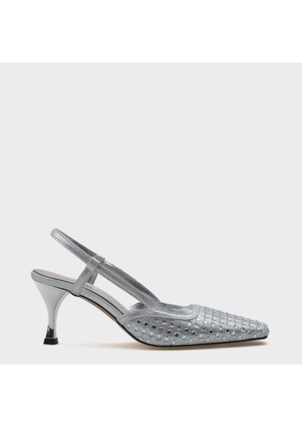 Arkası Açık Küt Burunlu Taşlı Orta Topuklu Kadın Ayakkabı