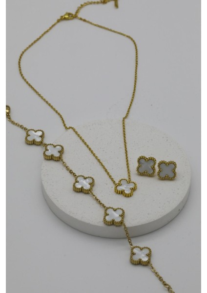 Yonca Model Van Cleef Altın Kaplama Çerçeve ve Zincir (Kolye & Bileklik & Küpe) 3'lü Set