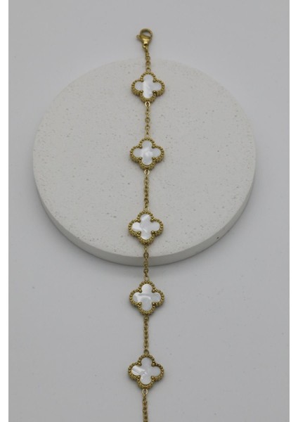 Yonca Model Van Cleef Altın Kaplama Çerçeve ve Zincir (Kolye & Bileklik & Küpe) 3'lü Set