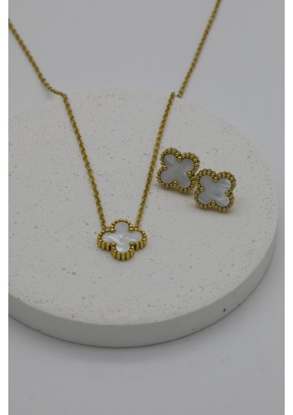 Yonca Model Van Cleef Altın Kaplama Çerçeve ve Zincir (Kolye & Bileklik & Küpe) 3'lü Set