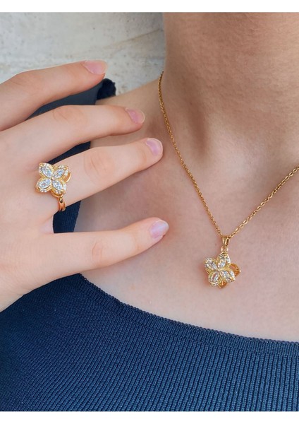 Rotatable Golden Clover Döndürülebilir Kuyumcu Model Çelik (Kolye & Ayarlanabilir Yüzük) 2'li Set