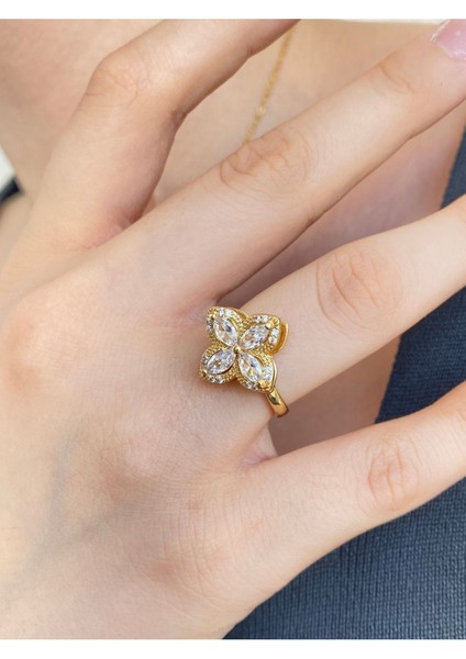 Rotatable Golden Clover Döndürülebilir Kuyumcu Model Çelik (Kolye & Ayarlanabilir Yüzük) 2'li Set