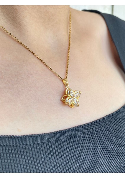 Rotatable Golden Clover Döndürülebilir Kuyumcu Model Çelik (Kolye & Ayarlanabilir Yüzük) 2'li Set