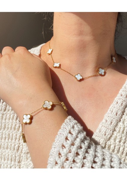 Matchless Beyaz Sedef Taşlı Gold Yonca Model Çelik (Kolye & Bileklik) 2'li Set fiyatları
