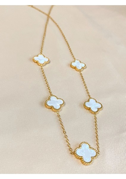 Matchless Beyaz Sedef Taşlı Gold Yonca Model Çelik (Kolye & Bileklik) 2'li Set modelleri