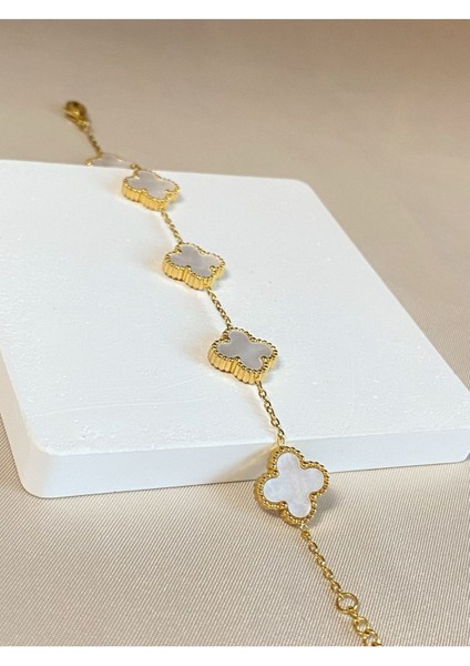 Matchless Beyaz Sedef Taşlı Gold Yonca Model Çelik (Kolye & Bileklik) 2'li Set fırsatları