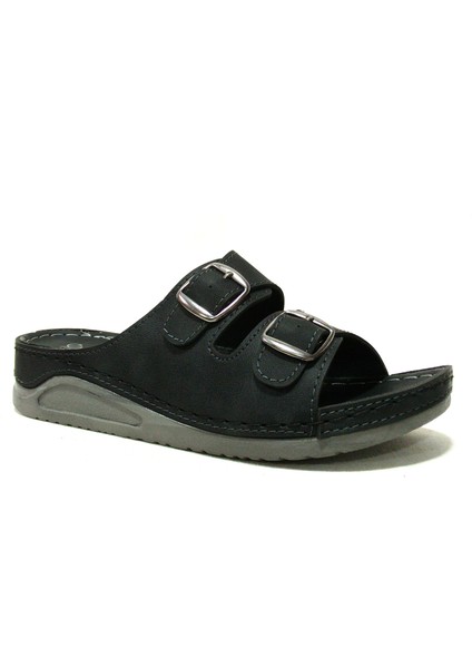 Siyah Gri Tokalı Anatomik Comfort Terlik