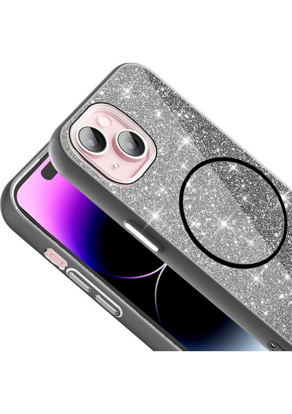 Apple iPhone 15 Plus Kılıf Magsafe Şarj Özellikli Parlayan Simli Okso Kapak - Beyaz fırsatları
