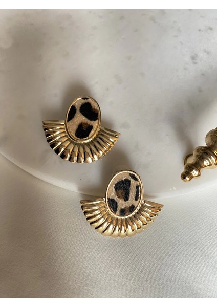 Gold Yelpazeli,oval Leoparlı Küpe