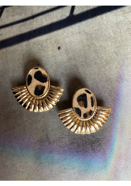 Gold Yelpazeli,oval Leoparlı Küpe