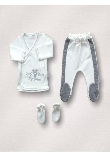 Süper Prens Nakışlı %100 Cotton Antibakteriyel 10LU Zıbın Takımı Hastane Çıkışı Gri