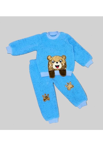 Sallanan El Ayıcıklı Kuzu Kumaş Sweat Patili Pantolon Uzun Kollu Kız Erkek 2 Li Takımı Saks Mavisi